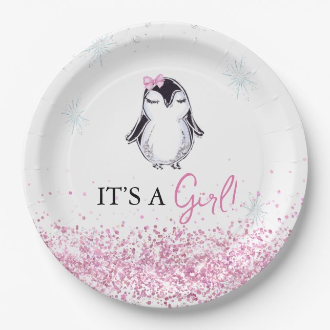 It's a Girl Penguin Winter Baby Shower Pappteller (Vorderseite)