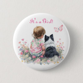 It's a Girl | Pink Baby and Puppy Baby Shower Button