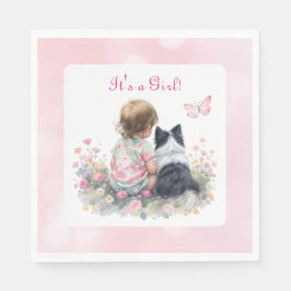 It's a Girl | Pink Baby and Puppy Baby Shower Serviette
