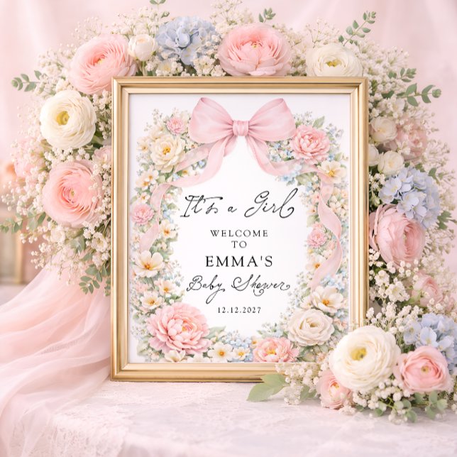 It's a Girl Pink Bow Garden Baby Shower Welcome Poster (Von Creator hochgeladen)