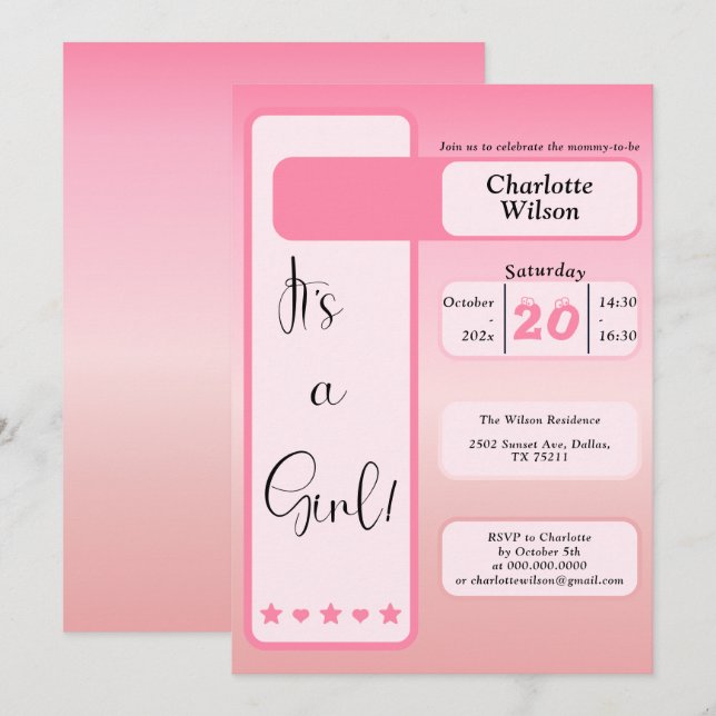 It's A Girl! Pink Gradient Cute Baby Shower Einladung (Vorne/Hinten)