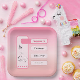 It's A Girl! Pink Gradient Cute Baby Shower Pappteller
