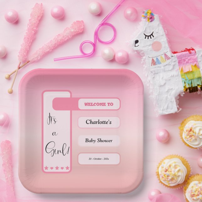 It's A Girl! Pink Gradient Cute Baby Shower Pappteller (Party)