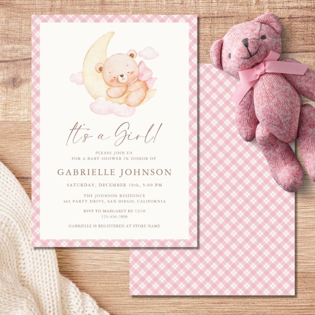 It's a Girl Pink Moon Bear Baby Shower Einladung (Von Creator hochgeladen)
