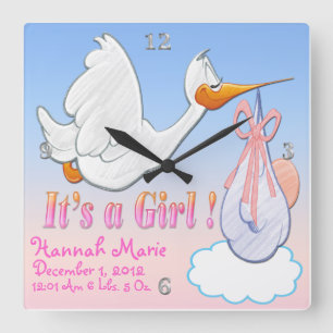 It's A Girl - Stork Keepsake Wall Clock Quadratische Wanduhr