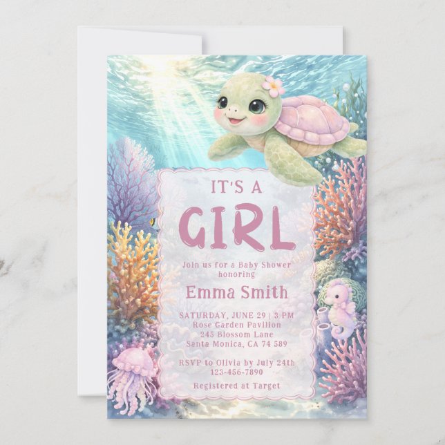 It's a Girl Under the Sea Turtle Girl Baby Shower Einladung (Vorderseite)
