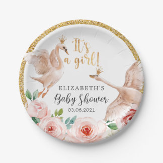 It's a Girl! Watercolor Swans Baby Shower Pappteller