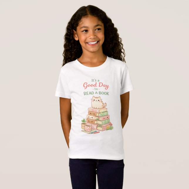 It's a Good Day to Read a Book Cute Cat Reading T-Shirt (Vorne ganz)