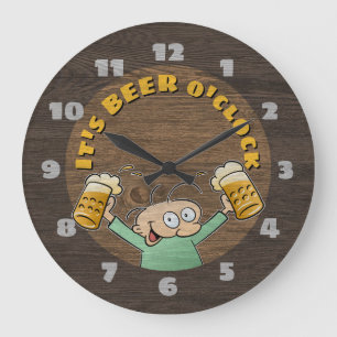 It's Beer O'Clock Dark Wood Texture Cartoon Pints Große Wanduhr