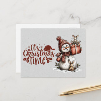 It's Christmastime Snowman Holding Gift and Mouse Postkarte