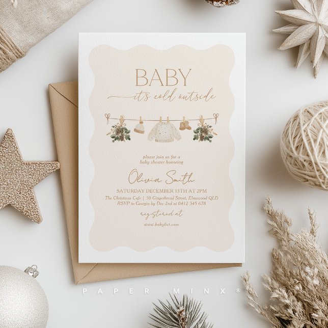 it's Cold Outside Baby Shower Beige Gender Neutral Einladung (Gender Neutral Baby Shower Invitation. Christmas clothesline with baby clothes and greenery. )
