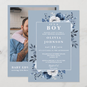 It's ein Junge Dusty Blue Blumige Foto-QR-Baby-Par Einladung