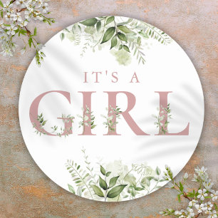 It's ein Mädchen Dusty Rose Greenery Floral Baby S Runder Aufkleber