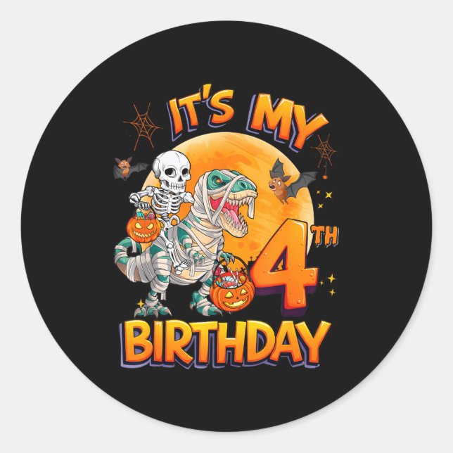 Its My 4th Birthday Dinosaur Skeleton Mummy Hallow Runder Aufkleber (Vorderseite)