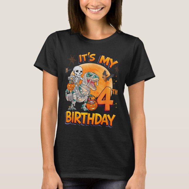Its My 4th Birthday Dinosaur Skeleton Mummy Hallow T-Shirt (Vorderseite)