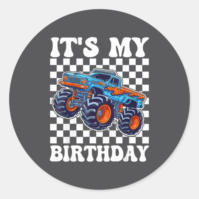 It's My Birthday Boy Monster Truck Bday Party Kids Runder Aufkleber (Vorderseite)