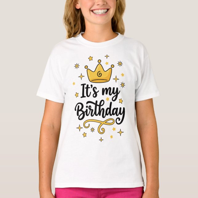 It's My Birthday Gold Crown and Stars Graphic Cute T-Shirt (Vorderseite)