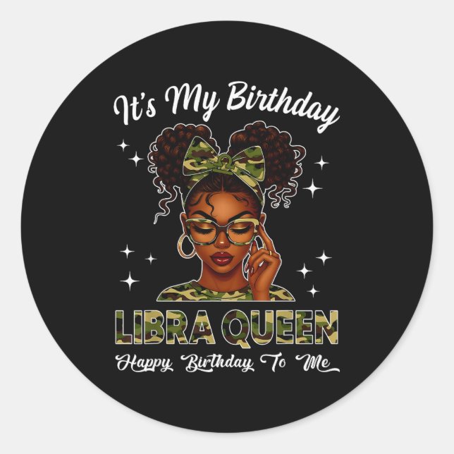 It's My Birthday Libra Queen Camo Bow Afro Black G Runder Aufkleber (Vorderseite)
