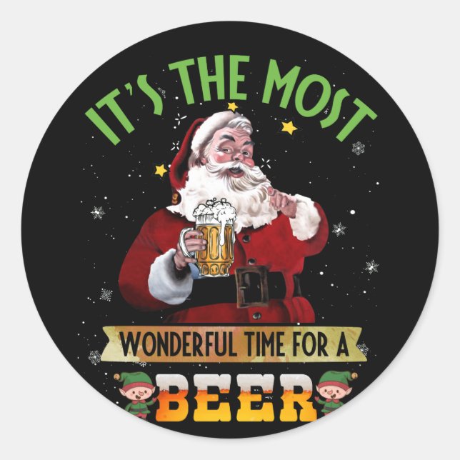 Its The Most Wonderful Time For A Beer Santa Runder Aufkleber (Vorderseite)