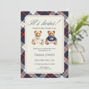 Its Twins Double Plaid Teddy-Bär Baby-Party Einladung