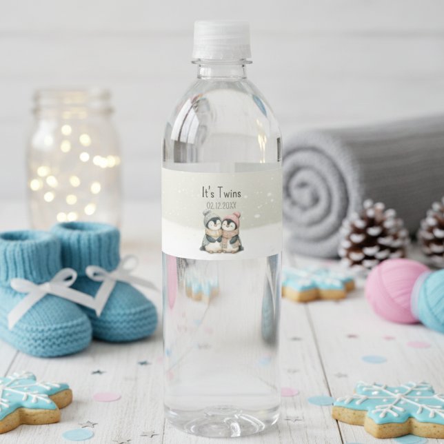 Its Twins Winter penguin Baby Shower theme  Wasserflaschenetikett (Von Creator hochgeladen)