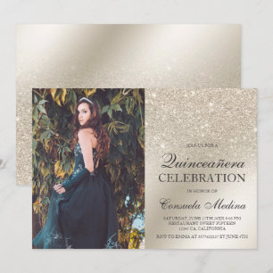 Ivorische Glitzer ombre Metallisches Foto Quinceañ Einladung