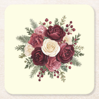 Ivory and Burgundy Floral Wedding  Rechteckiger Pappuntersetzer