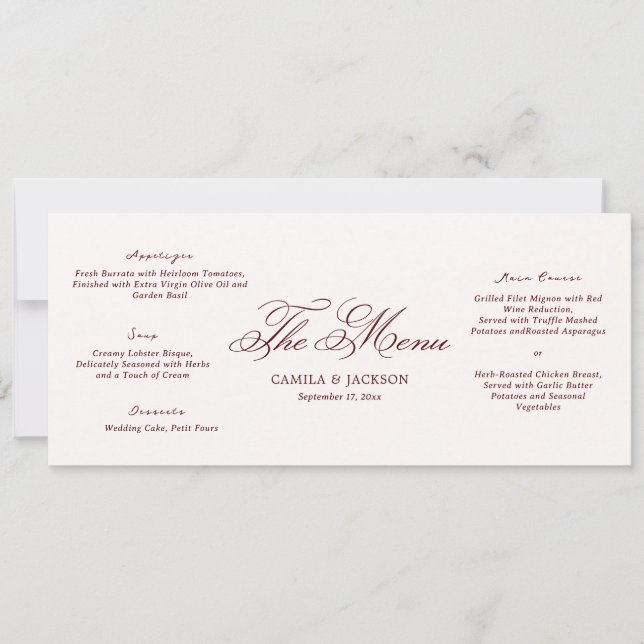 Ivory and Burgundy Wedding Menu Card Einladung (Vorderseite)