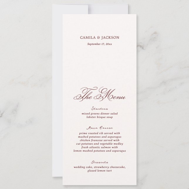 Ivory And Burgundy Wedding Menu Card Einladung (Vorderseite)