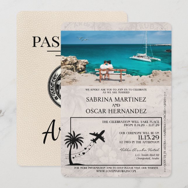Ivory Aruba Pass Einladung zur Hochzeit (Vorne/Hinten)