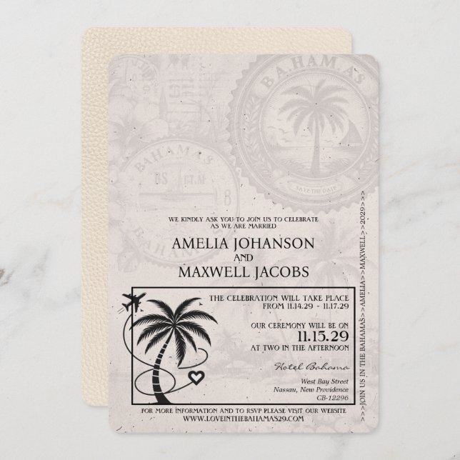 Ivory Bahamas Passport Hochzeit Einladung (Vorne/Hinten)
