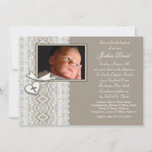 Ivory Beige Boy Photo Christening Einladung