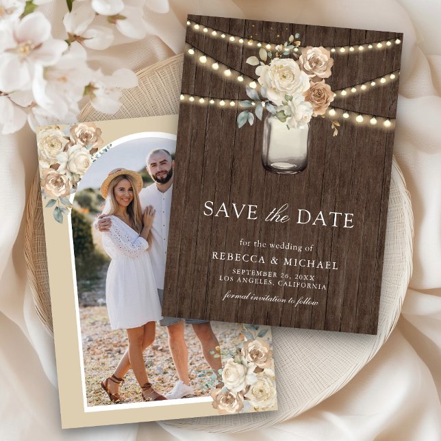 Ivory Beige Floral Mason Jar Foto Wedding Save The Date (Von Creator hochgeladen)