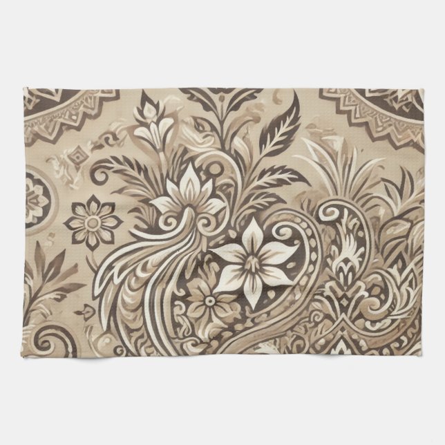 Ivory Beige Indonesian Batik Floral Boho Rustic Geschirrtuch (Horizontal)
