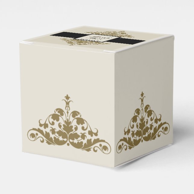 Ivory Black and Gold Damask Wedding Favor Box Geschenkschachtel (Vorderseite)