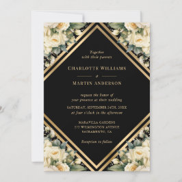 Ivory Black Gold Geometric Floral Wedding Einladung