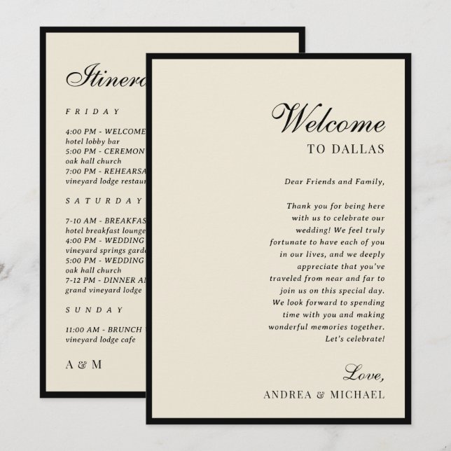 Ivory & Black Old Money Wedding Itinerary Card Einladung (Vorne/Hinten)