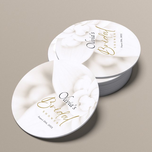 Ivory Bloom & Elegantes Gold Script Brautparty Runder Pappuntersetzer (Von Creator hochgeladen)