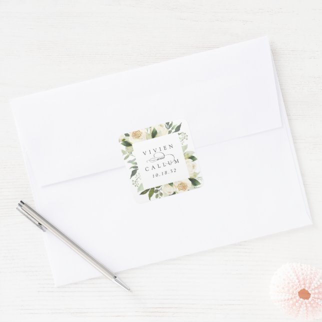 Ivory Bloom | Personalisierte Blumenzarge Quadratischer Aufkleber (Umschlag)