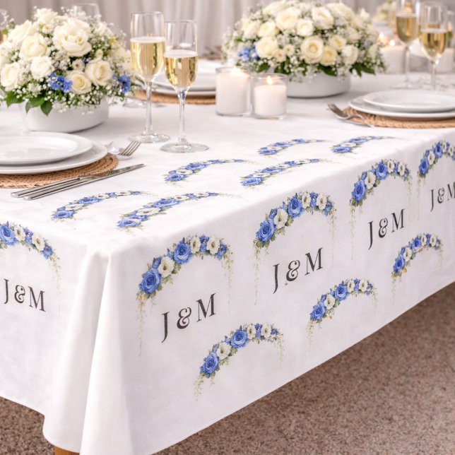 Ivory Blue Floral Wedding Monogram Bride Groom Stoff (Von Creator hochgeladen)