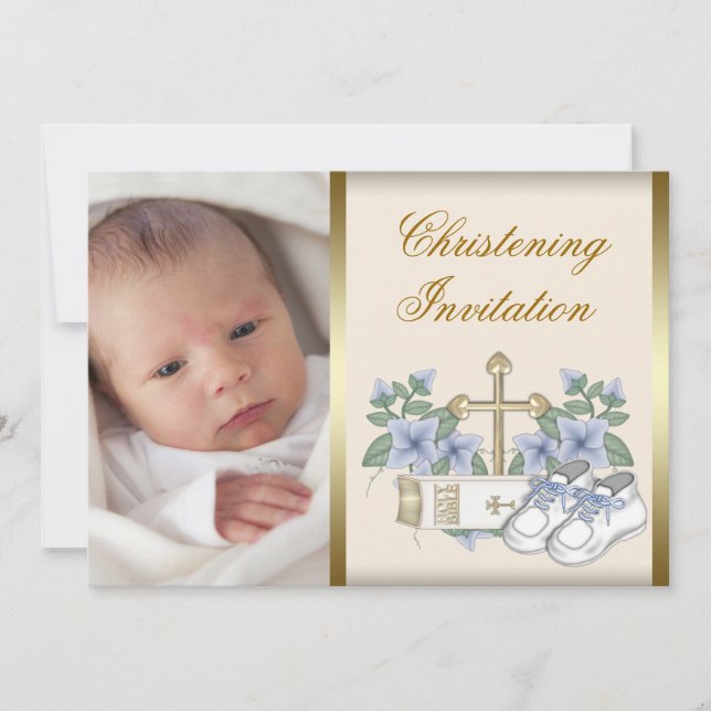 Ivory Blue Gold Baby Boy Foto Einladung (Vorderseite)