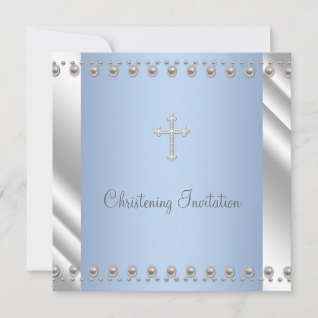 Ivory Blue Pearl Cross Boy Christening Einladung (Vorderseite)