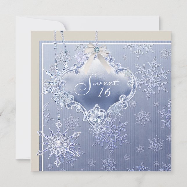 Ivory Blue White Snowflake 16 . Geburtstag Geburts Einladung (Vorderseite)