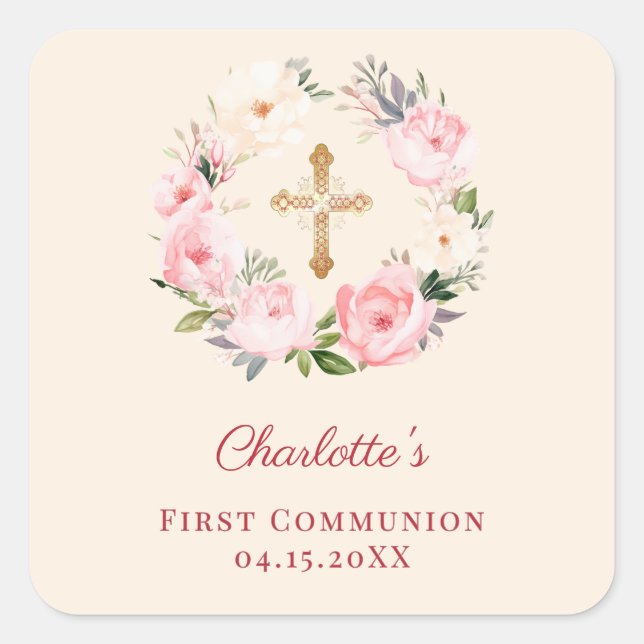 Ivory blush pink floral wreath First Communion Quadratischer Aufkleber (Vorderseite)
