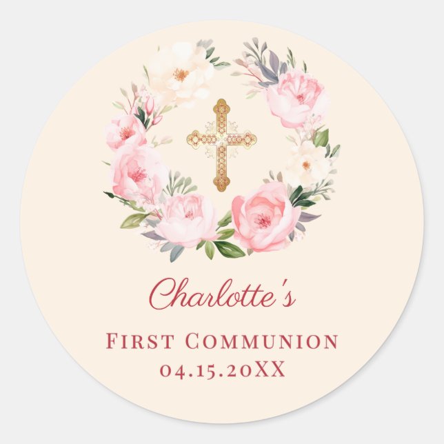 Ivory blush pink floral wreath First Communion Runder Aufkleber (Vorderseite)
