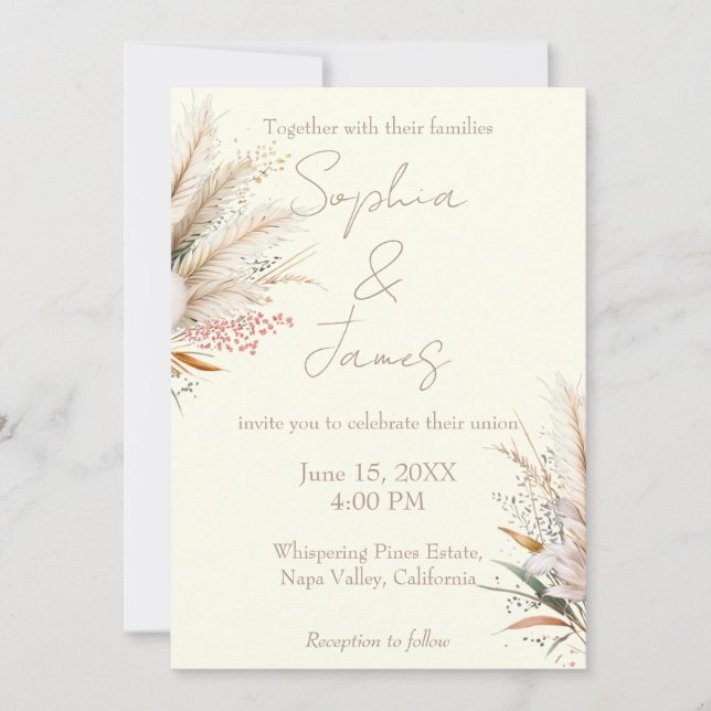 Ivory Boho Pampas Grass Wedding Einladung (Vorderseite)