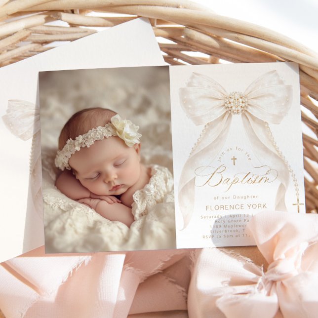 Ivory Bow Pearls Elegant photo Baptism Einladung (Von Creator hochgeladen)