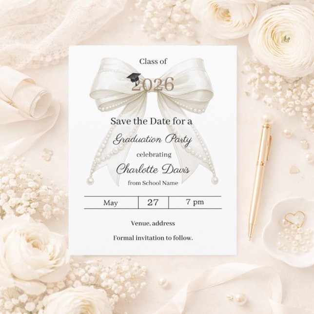 Ivory bow pearls Graduation party Save the Date (Von Creator hochgeladen)