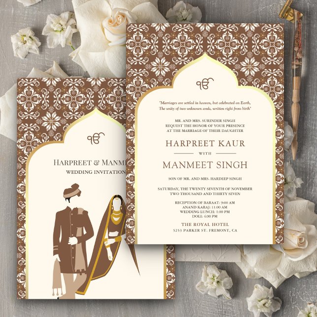 Ivory Brown Pattern Anand Karaj Sikh Wedding Einladung (Von Creator hochgeladen)