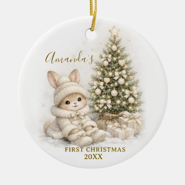 Ivory Bunny Rabbit First Christmas Keepsake Girl Keramik Ornament (Vorne)